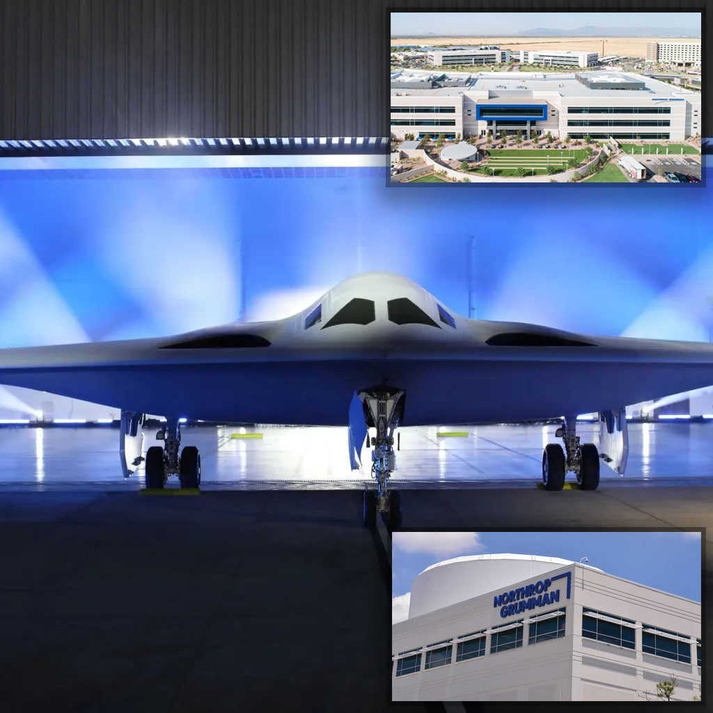 Bombardeiro furtivo B-21 Raider da Northrop Grumman em hangar com detalhes da empresa