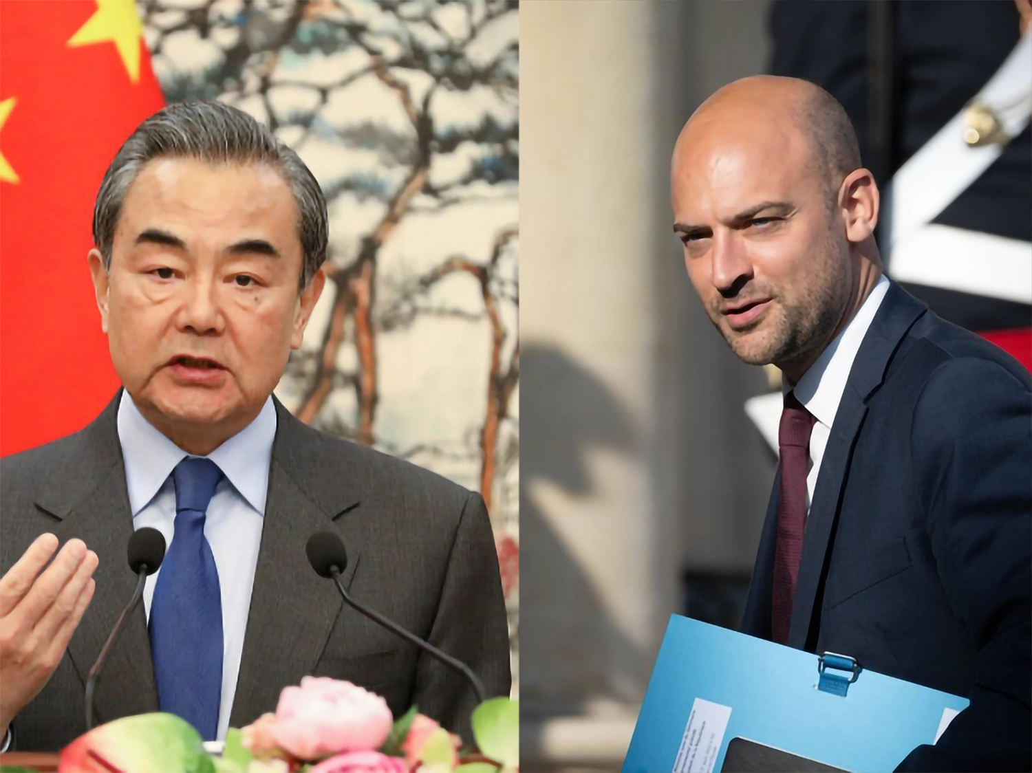 Chanceler francês Jean-Noël Barrot e chanceler chinês Wang Yi apertam as mãos em Pequim, com bandeiras da França e da China ao fundo, simbolizando a nova parceria comercial.
