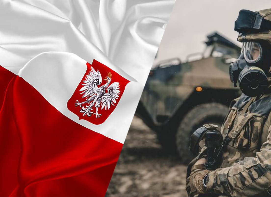 Mapa da Polônia com destaque em tons de verde e símbolos de energia nuclear ao fundo, representando discussões sobre o uso de energia nuclear no Leste Europeu.