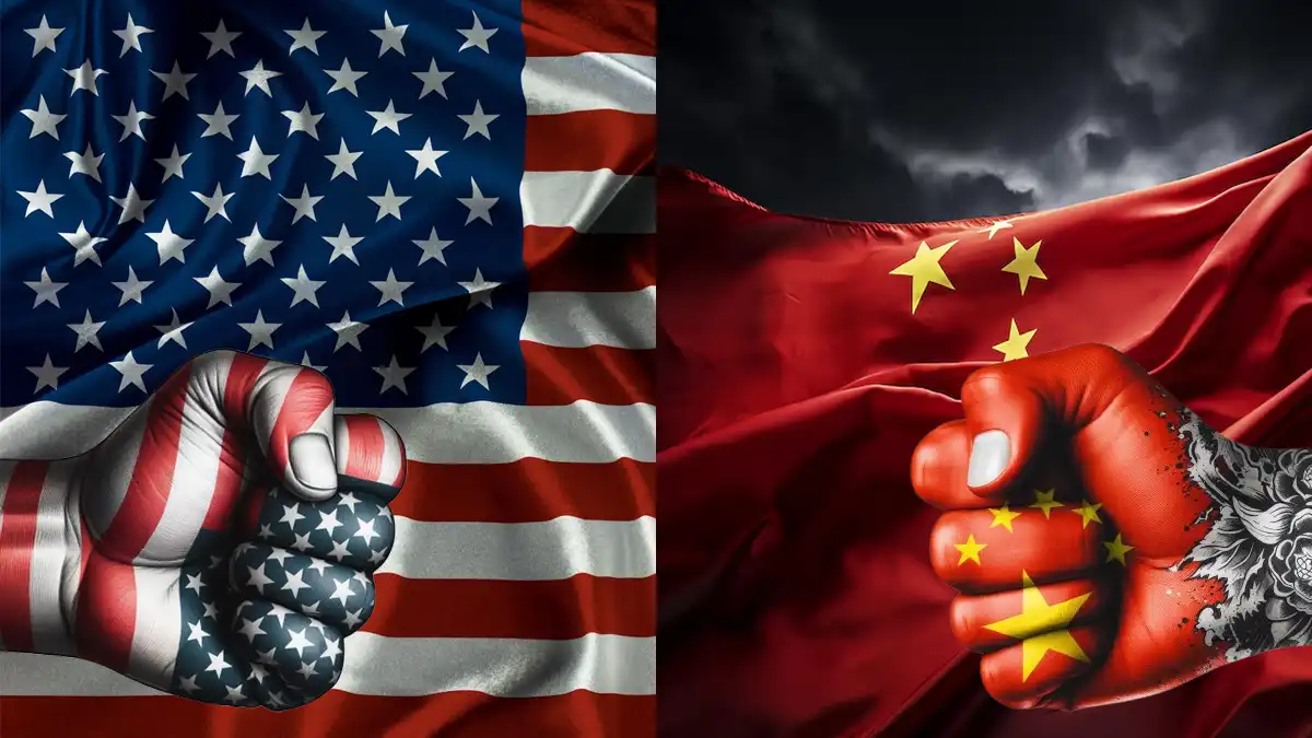 Bandeiras da China e EUA com gráficos econômicos ao fundo