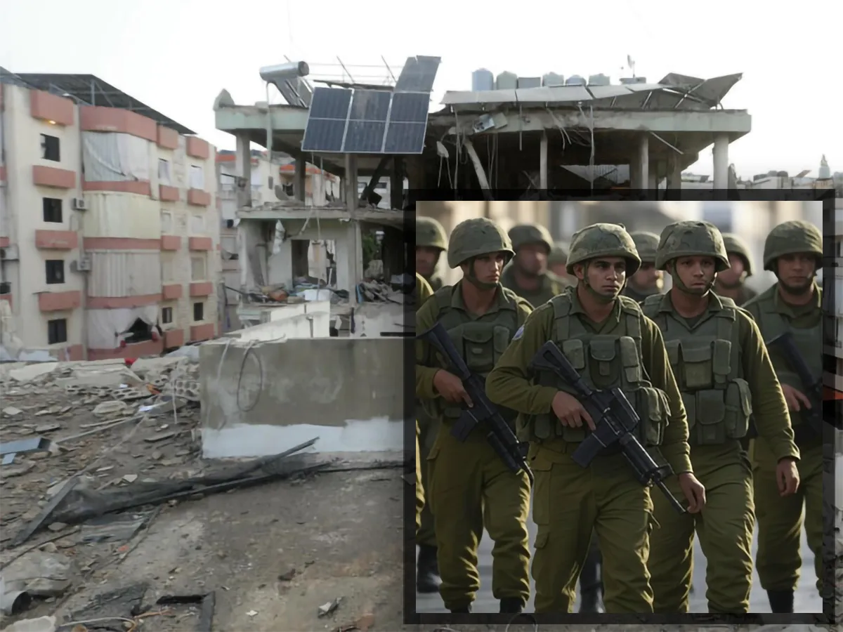 Soldados israelenses em operação terrestre em Gaza, com fumaça ao fundo.